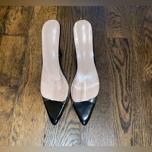 BLACK SINGLE BAND PEEP TOE STILETTO HEELED MULE SANDALS (CN40) (US8)